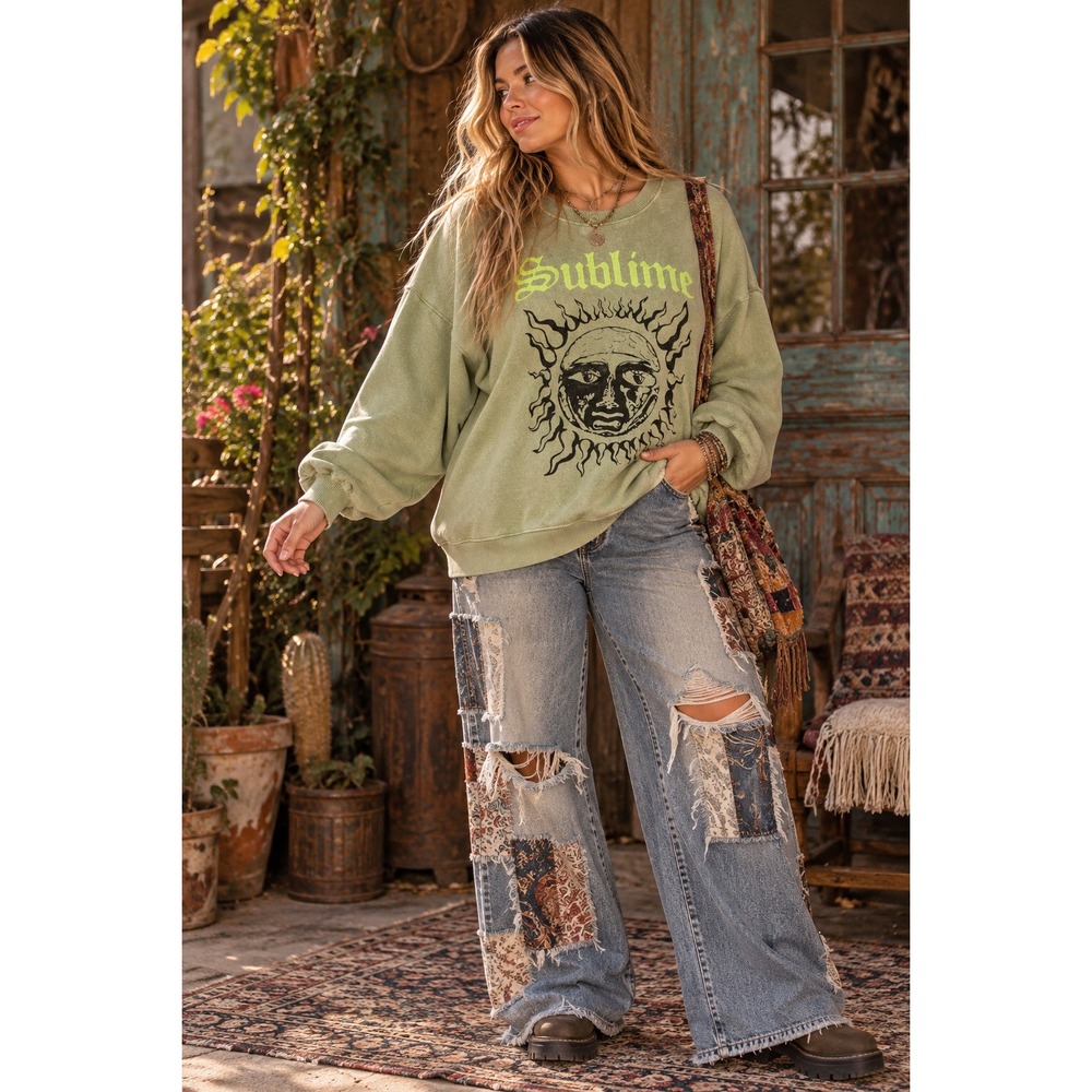 American Eagle Sublime Sun Graphic Sweatshirt Seriously Lived-In Lime Green L